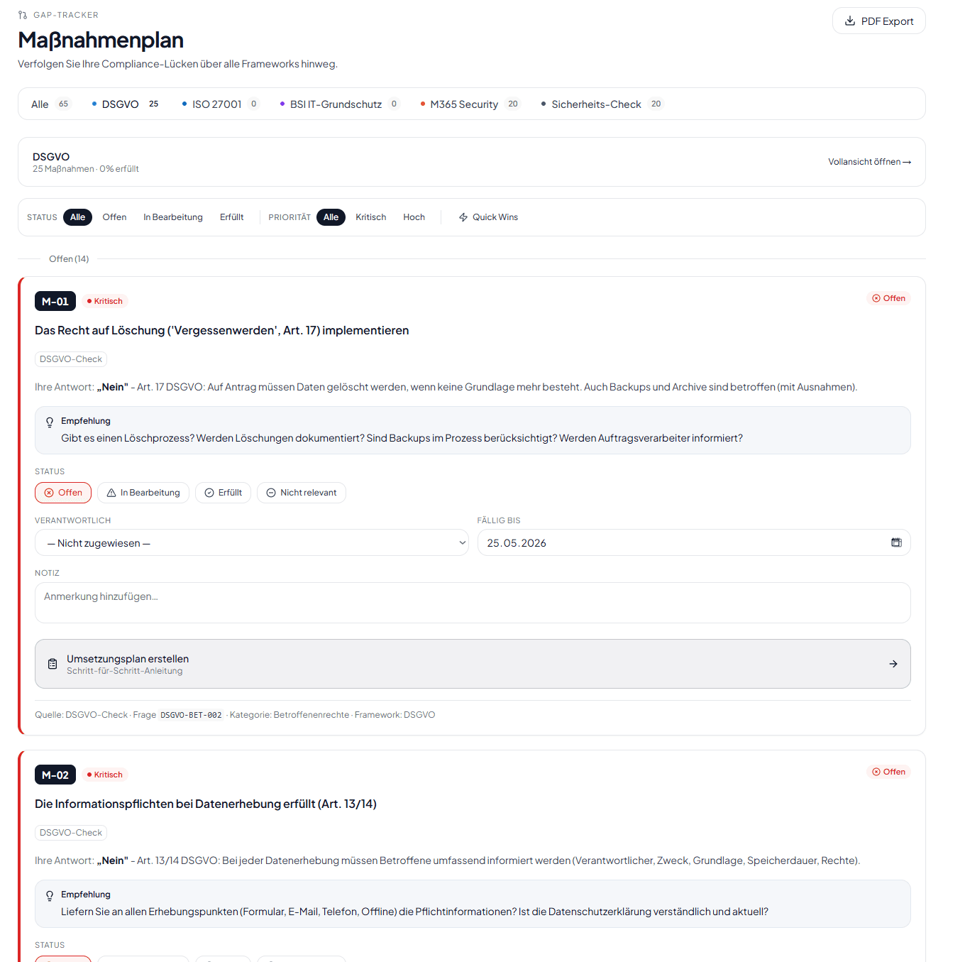 Automatisch generierter DSGVO-Maßnahmenplan mit Status, Frist und Verantwortlichkeit