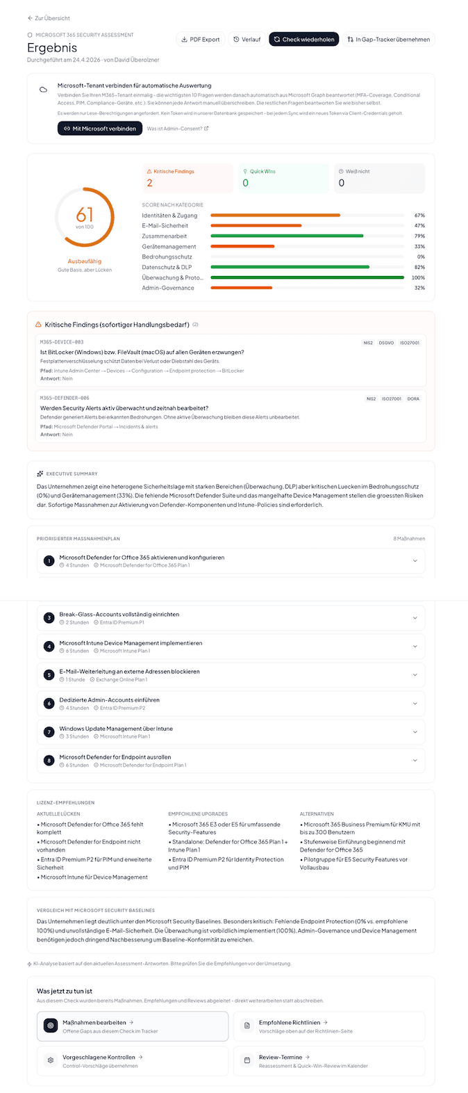 Assessment-Ergebnis mit Score, Findings und Quick Wins